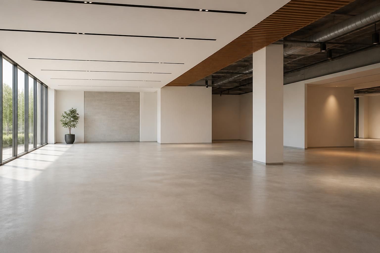 Bright finished commercial interior with open space and clean lines.