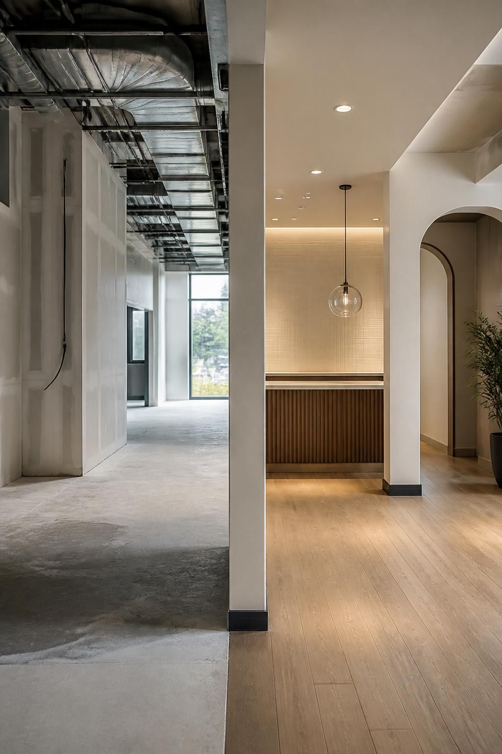 Modern remodeled commercial interior with clean finishes and soft natural light.